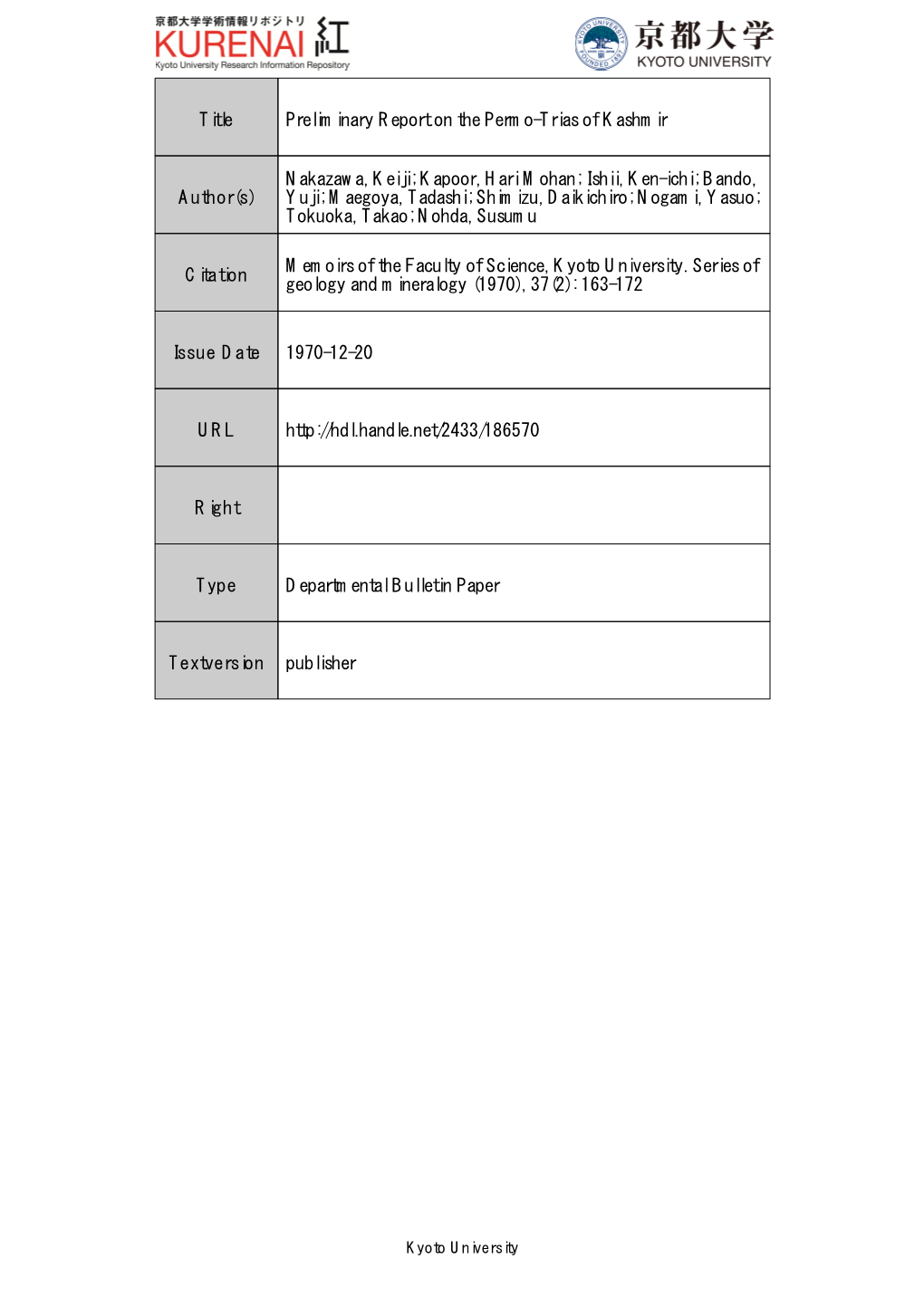 Title Preliminary Report on the Permo-Trias of Kashmir Author(S)