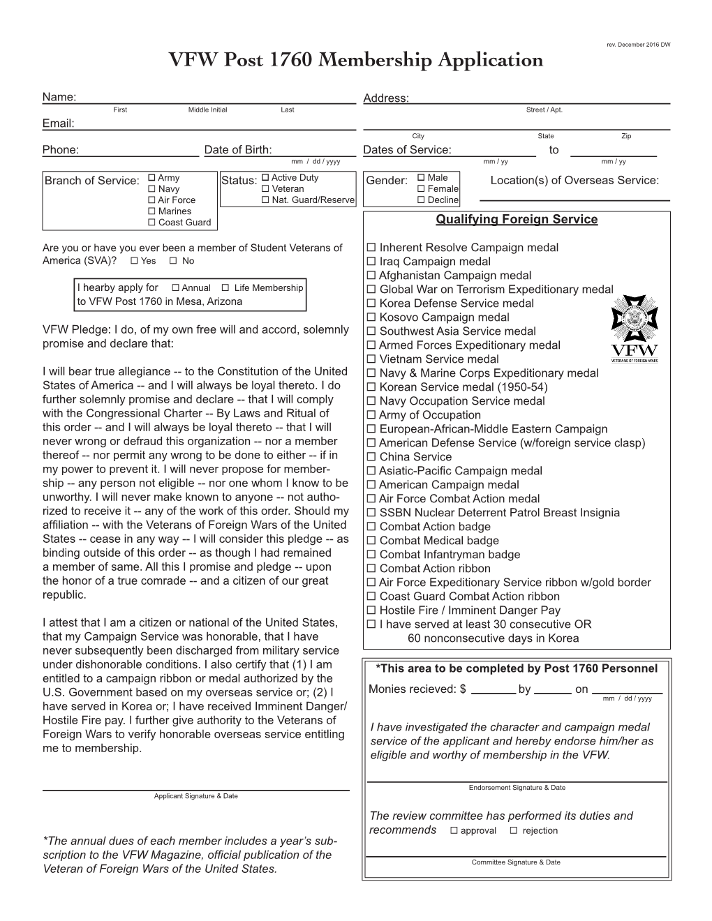 VFW Post 1760 Membership Application