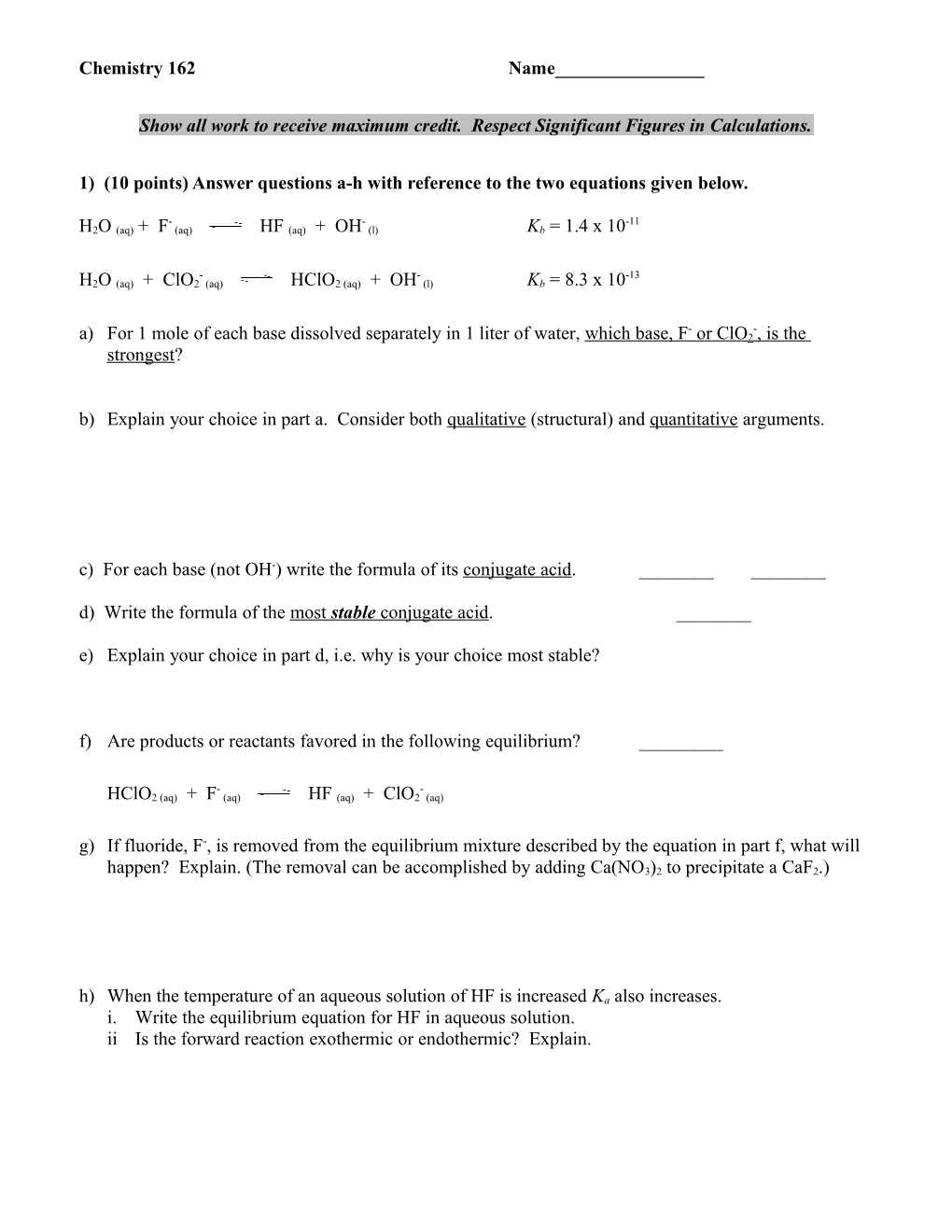 Answer Questions A-H Using Equations 1 and 2 Below