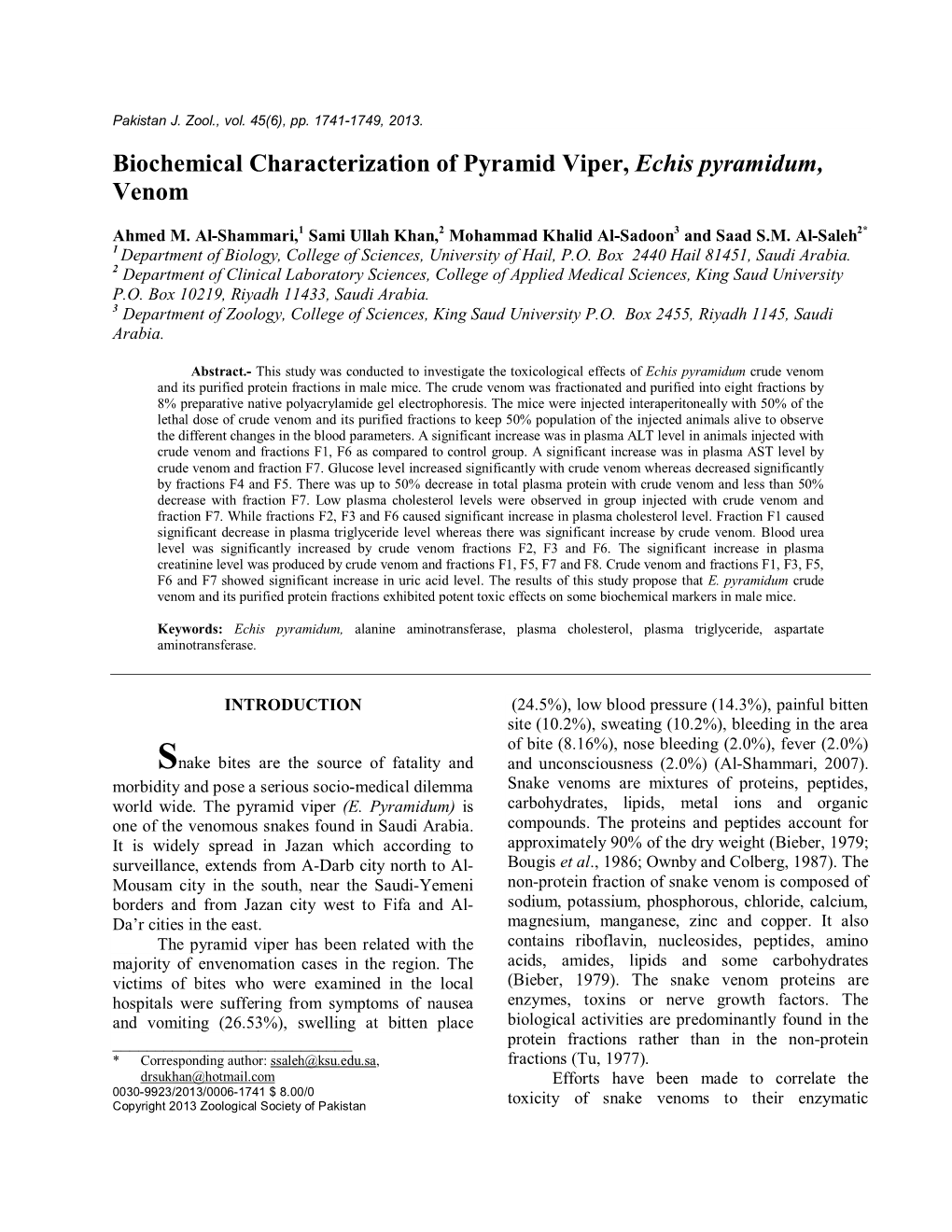 Biochemical Characterization of Pyramid Viper, Echis Pyramidum, Venom