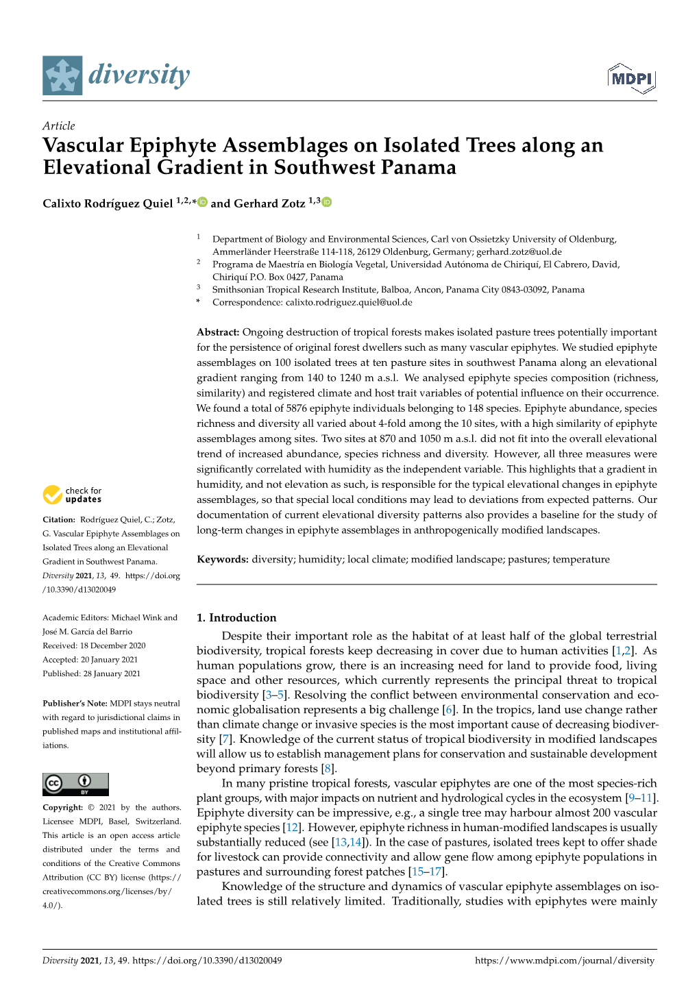 Vascular Epiphyte Assemblages on Isolated Trees Along an Elevational Gradient in Southwest Panama