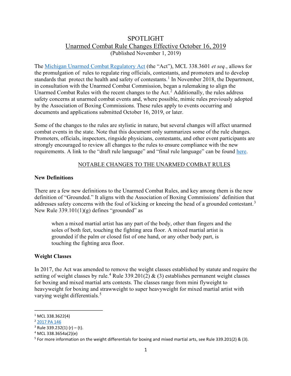 SPOTLIGHT Unarmed Combat Rule Changes Effective October 16, 2019 (Published November 1, 2019)