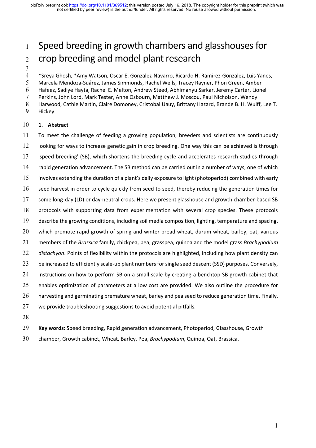 Speed Breeding in Growth Chambers and Glasshouses for Crop