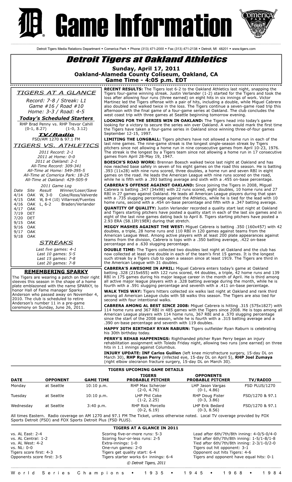 04-17-2011 Tigers Game Notes