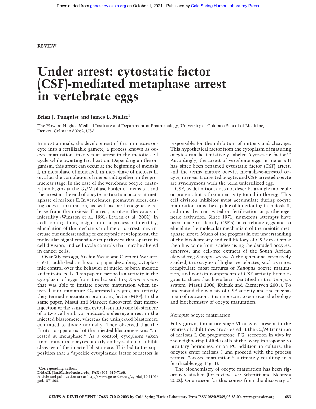 Mediated Metaphase Arrest in Vertebrate Eggs