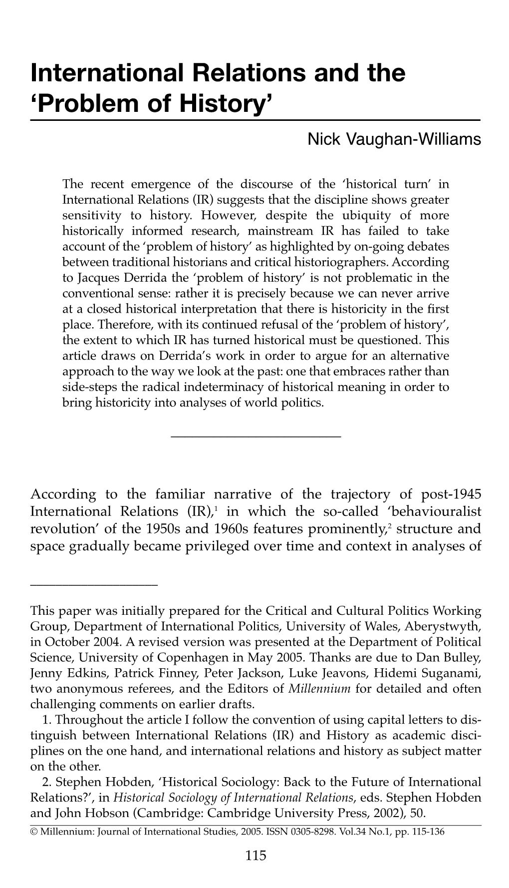 International Relations and the ‘Problem of History’ Nick Vaughan-Williams