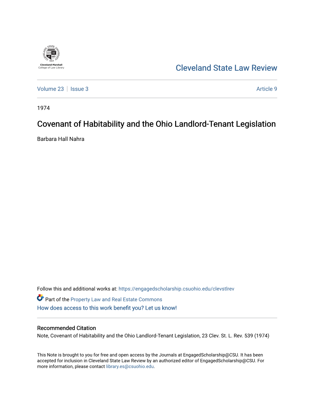 Covenant of Habitability and the Ohio Landlord-Tenant Legislation