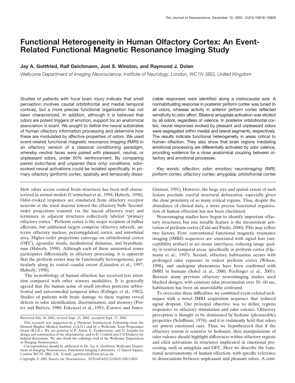 Functional Heterogeneity in Human Olfactory Cortex: an Event- Related Functional Magnetic Resonance Imaging Study