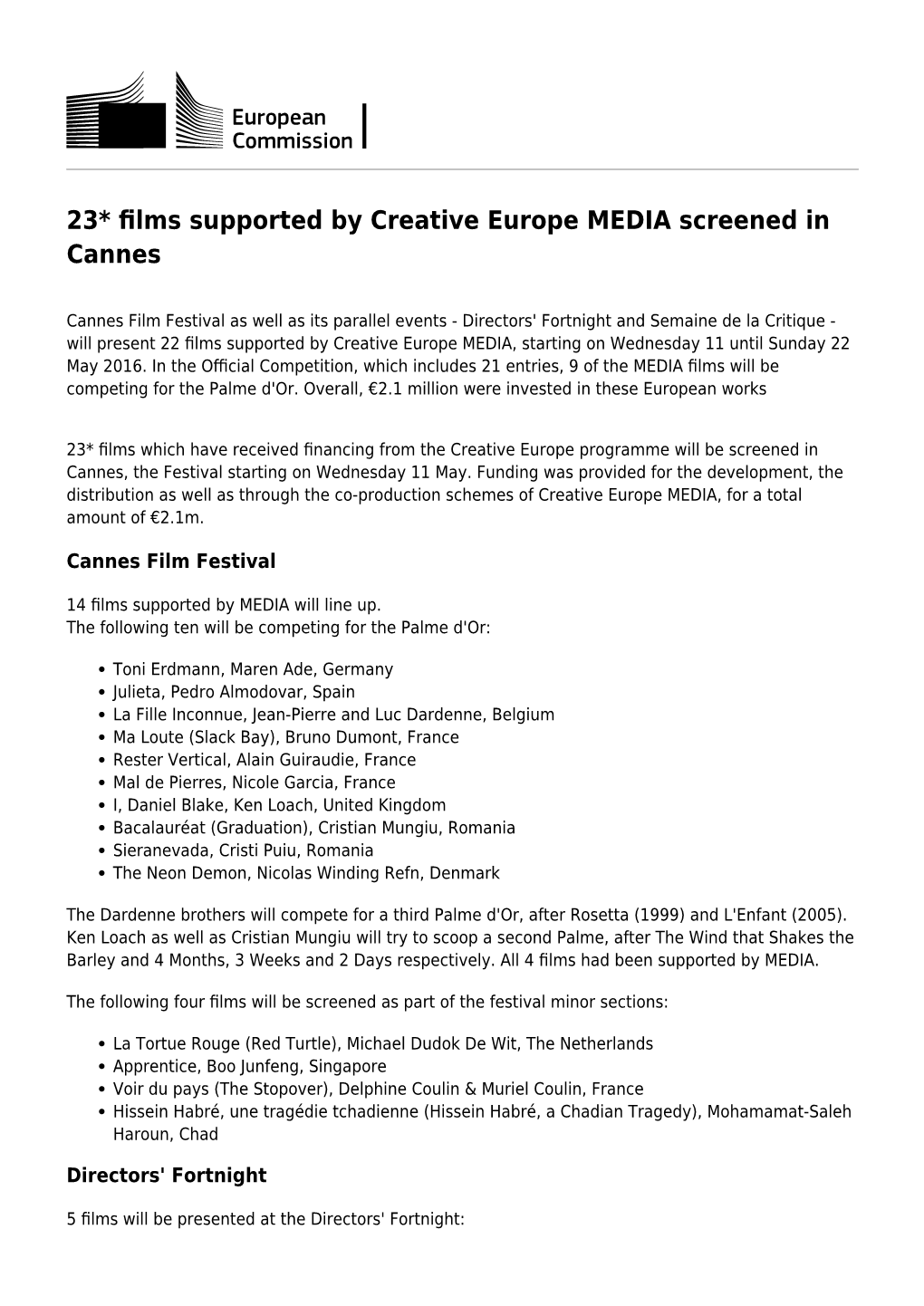 23* Films Supported by Creative Europe MEDIA Screened