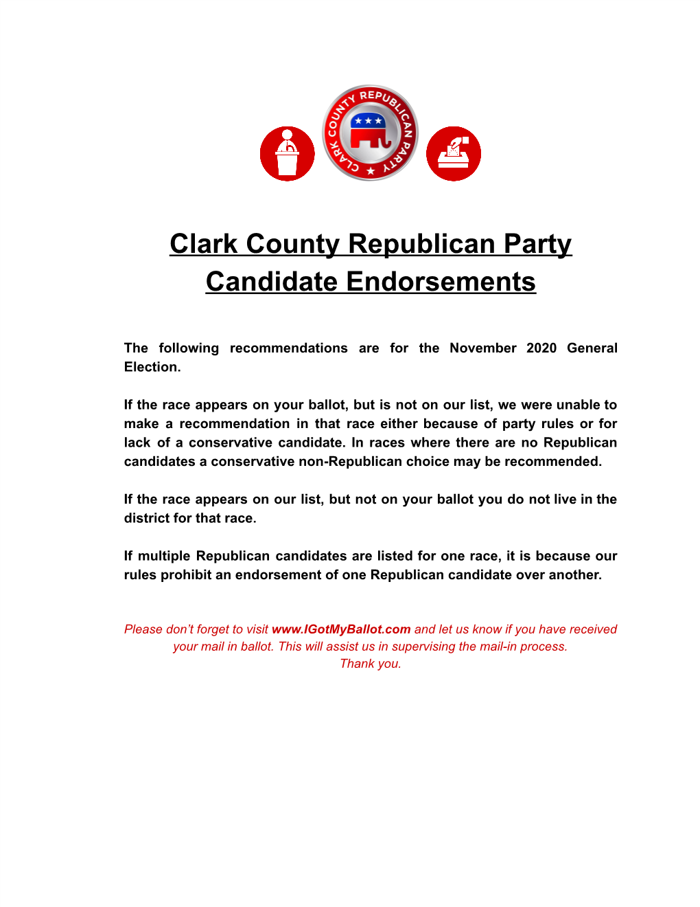 Clark County Republican Party Candidate Endorsements