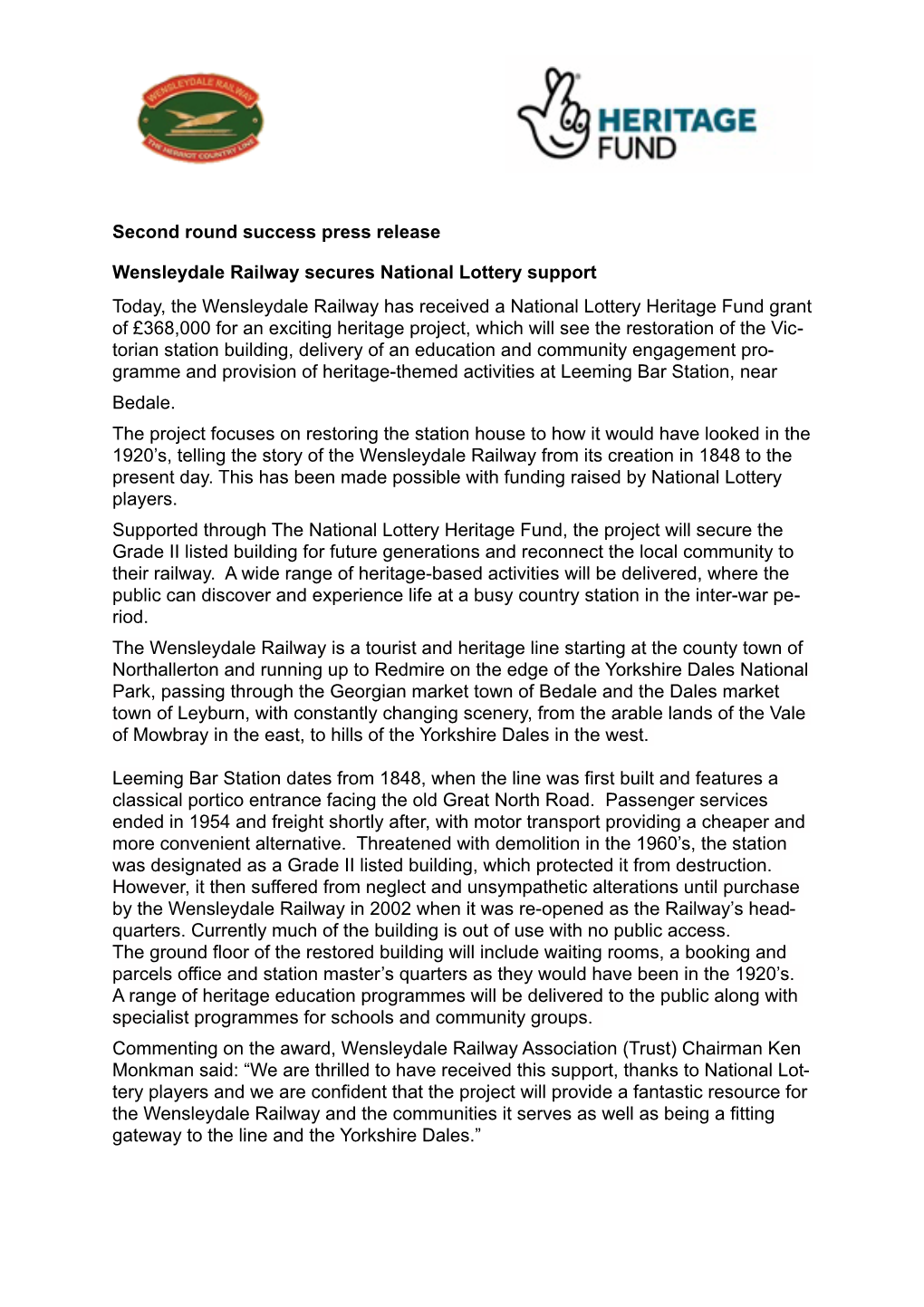 Wensleydale Railway Second Round Pass Press Release Final