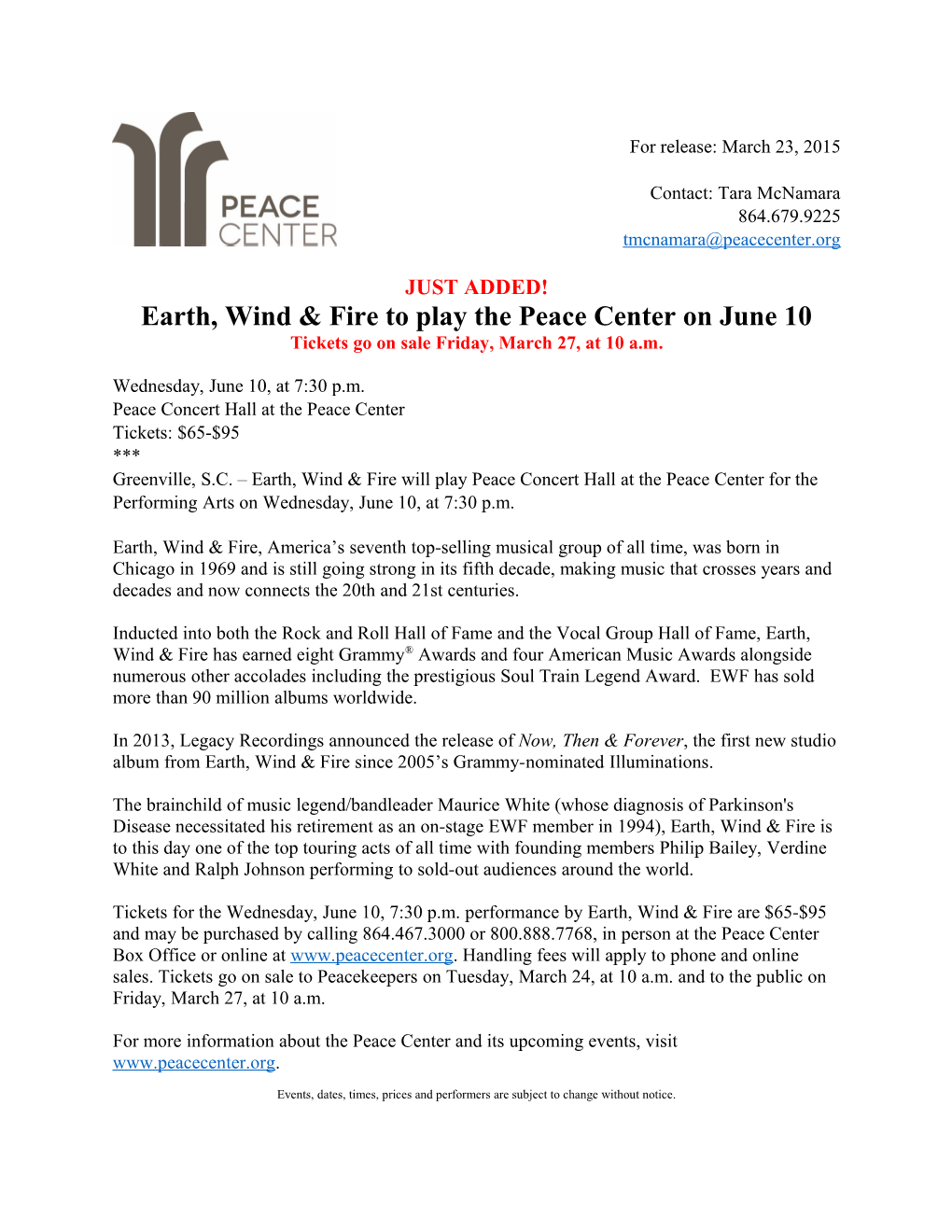 Earth, Wind & Fire to Play the Peace Center on June 10