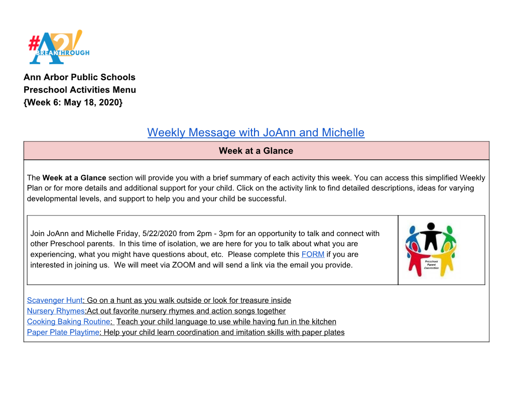 Weekly Message with Joann and Michelle Week at a Glance