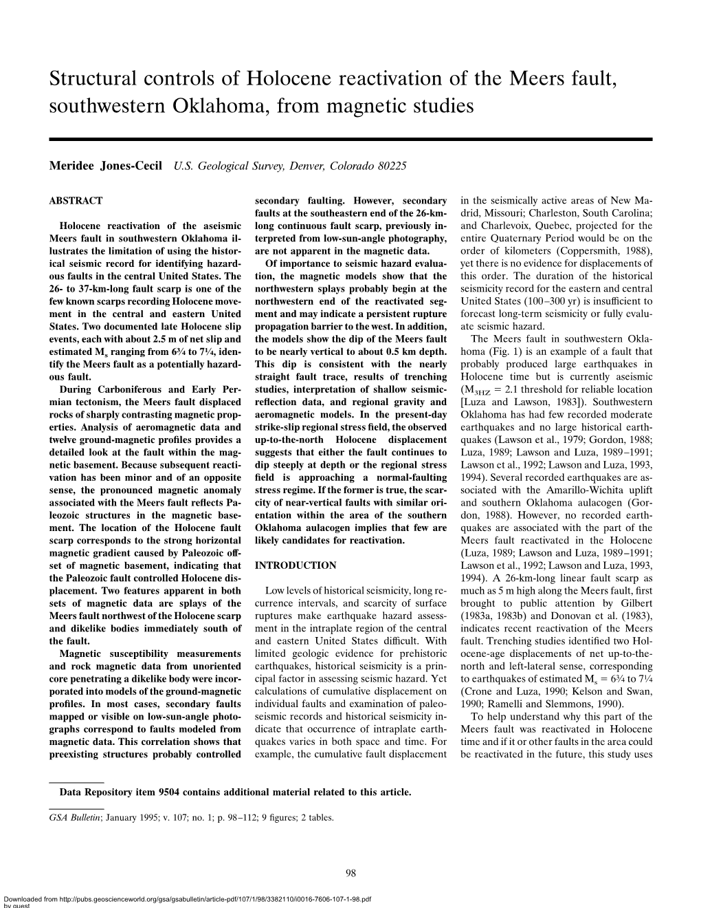 Structural Controls of Holocene Reactivation of the Meers Fault, Southwestern Oklahoma, from Magnetic Studies