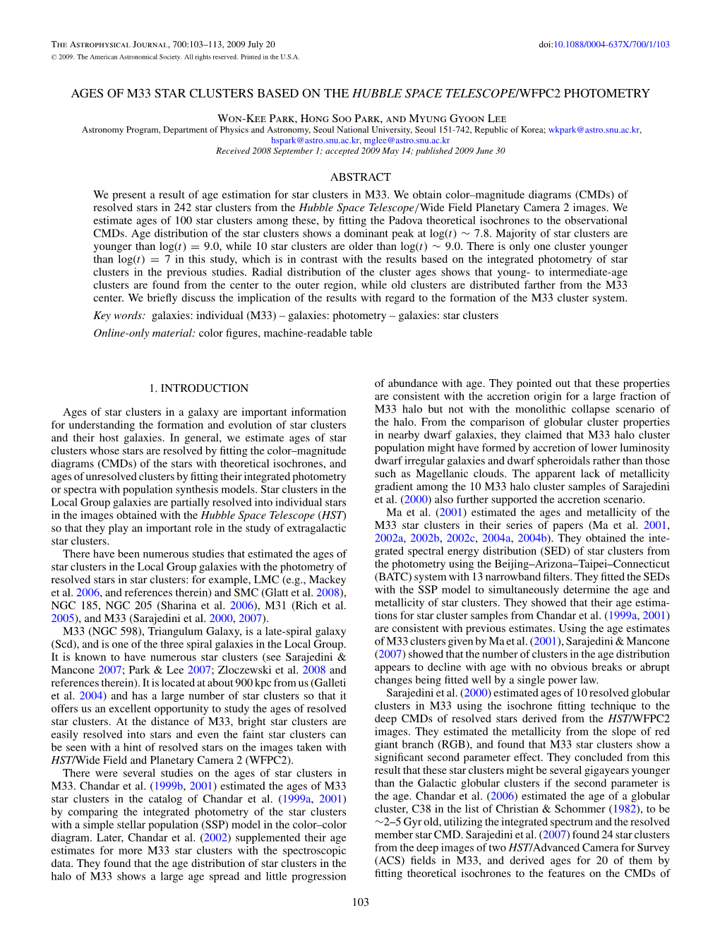 Ages of M33 Star Clusters Based on the Hubble Space Telescope/Wfpc2 Photometry