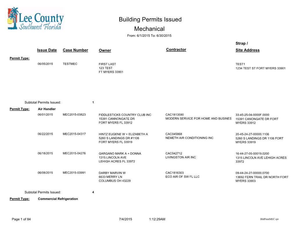 Building Permits Issued Mechanical From: 6/1/2015 To: 6/30/2015