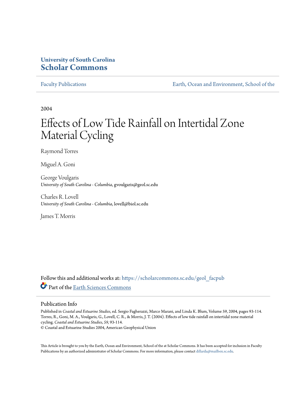 Effects of Low Tide Rainfall on Intertidal Zone Material Cycling Raymond Torres