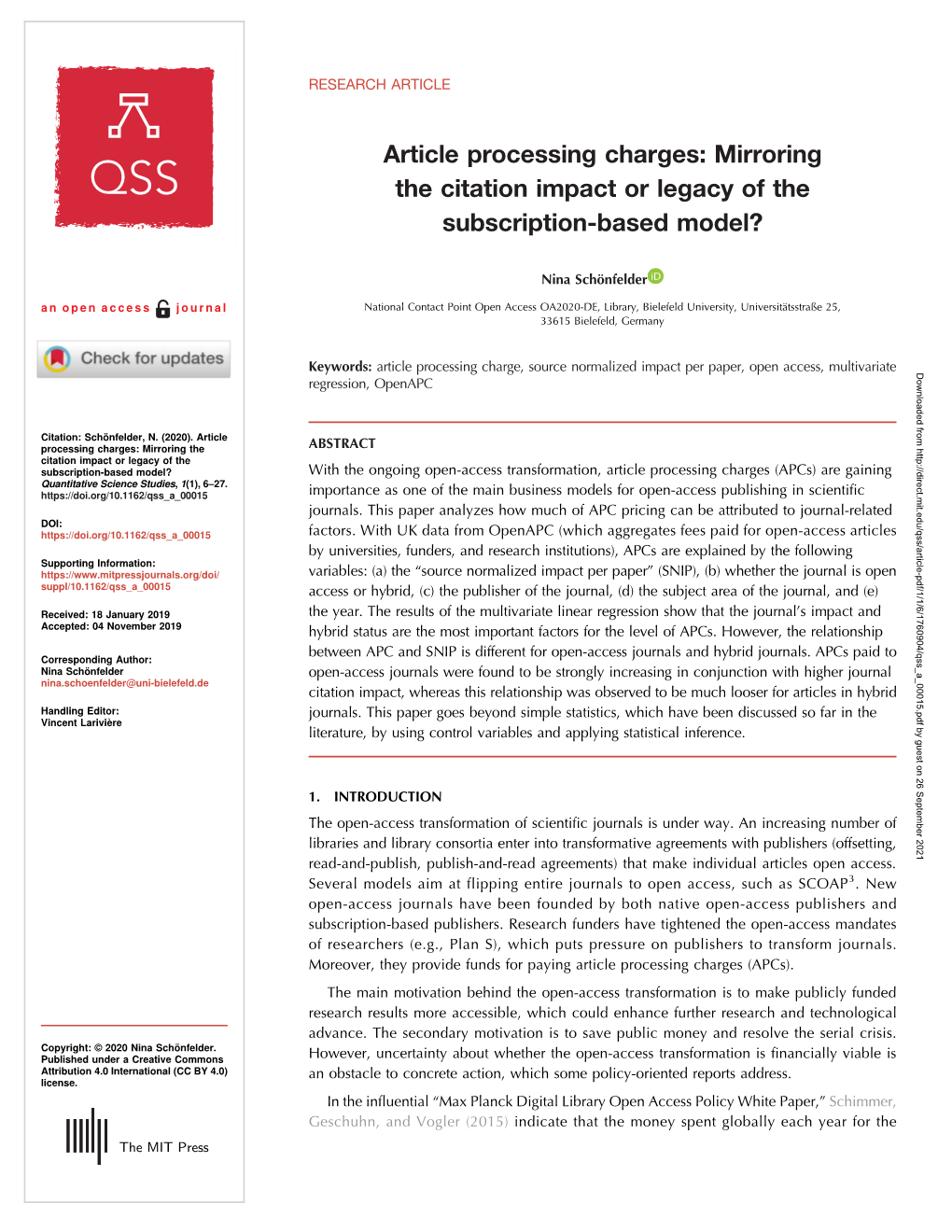 Article Processing Charges: Mirroring the Citation Impact Or Legacy of the Subscription-Based Model?