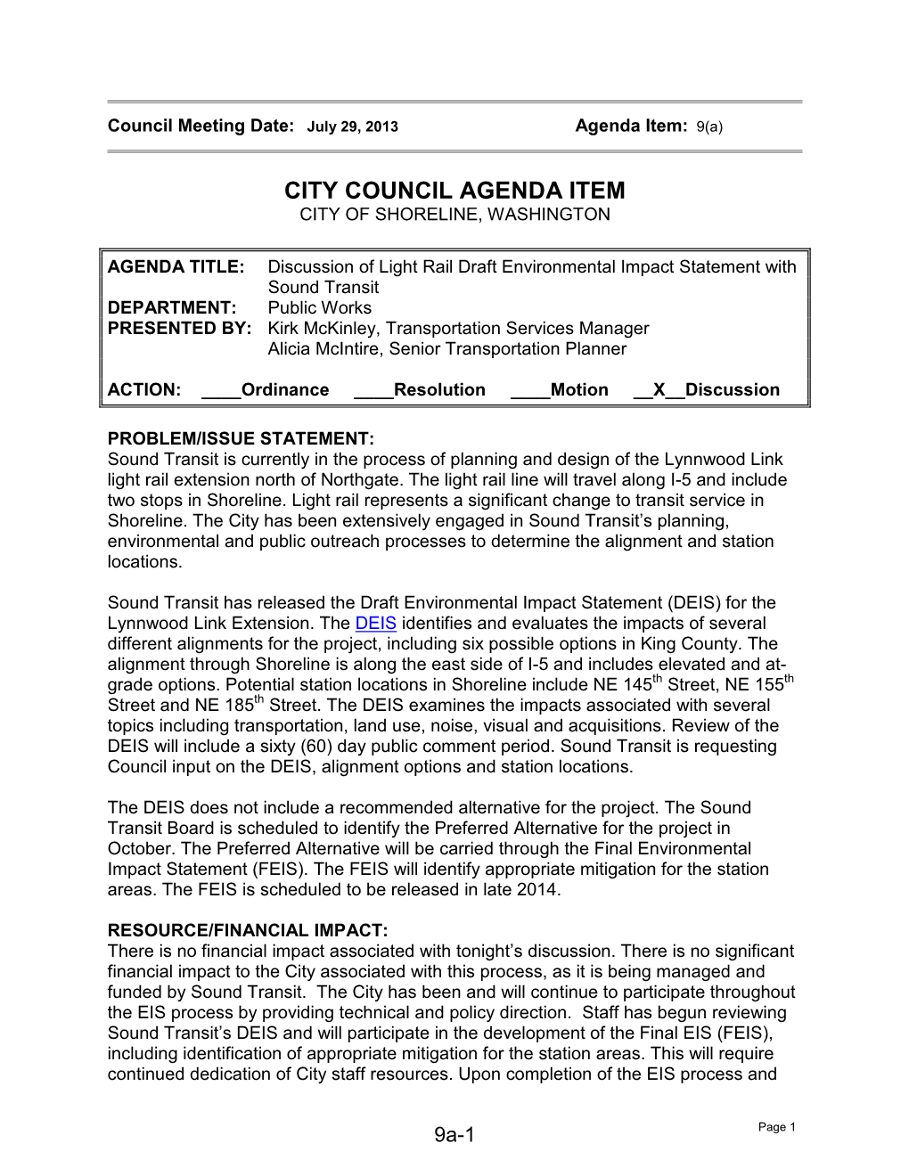 Discussion of Light Rail Station Draft Environmental Impact Statement