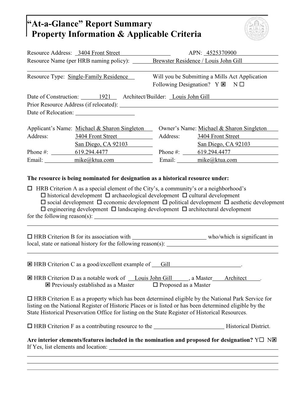 “At-A-Glance” Report Summary Property Information & Applicable Criteria