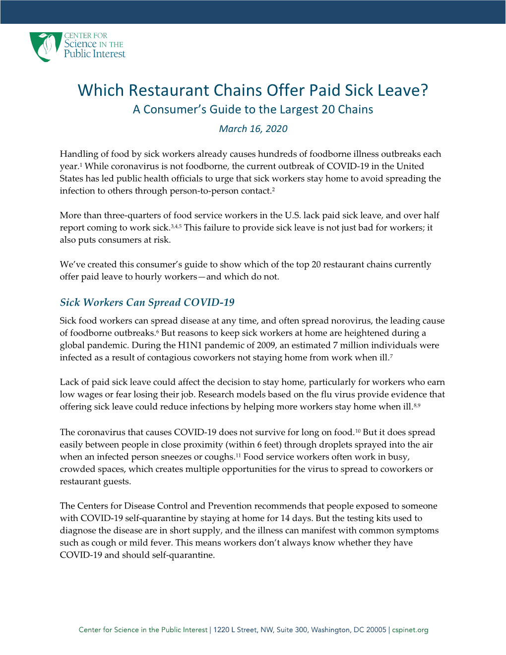 Which Restaurant Chains Offer Paid Sick Leave? a Consumer’S Guide to the Largest 20 Chains March 16, 2020