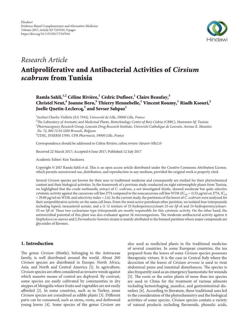 Research Article Antiproliferative and Antibacterial Activities of Cirsium Scabrum from Tunisia