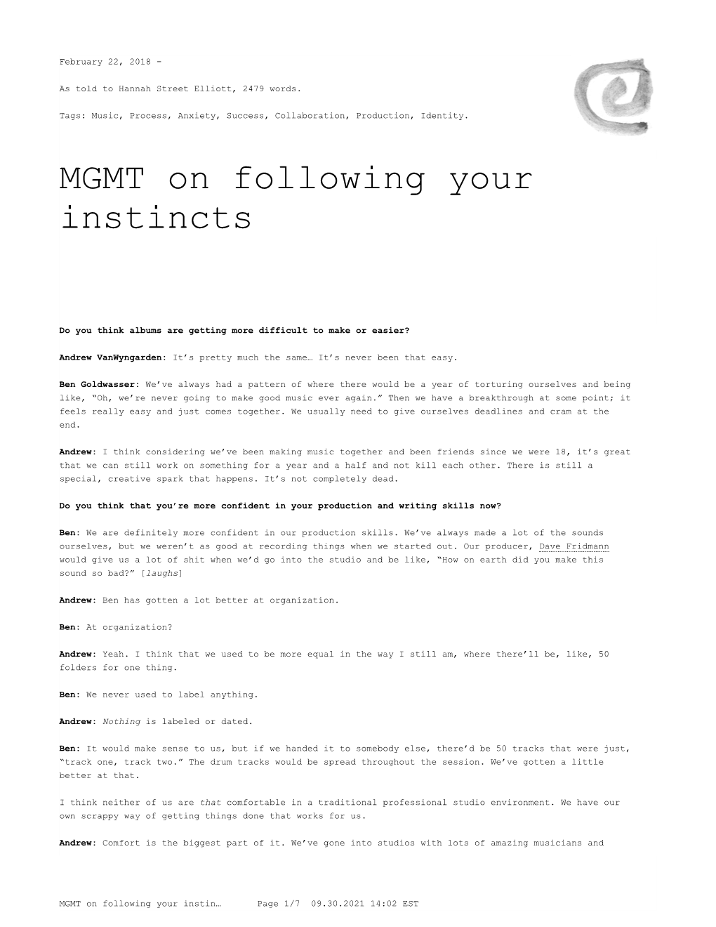 MGMT on Following Your Instincts