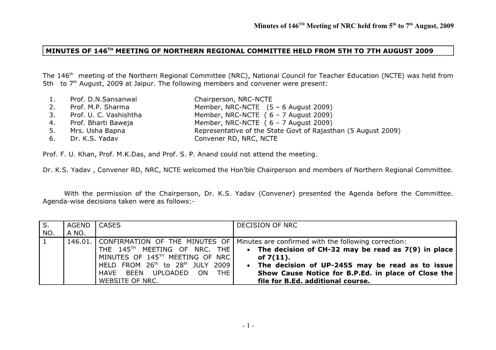 MINUTES of 131St (3RD Sitting) MEETING of NORTHERN REGIONAL COMMITTEE HELD on AUGUST 29TH-31St