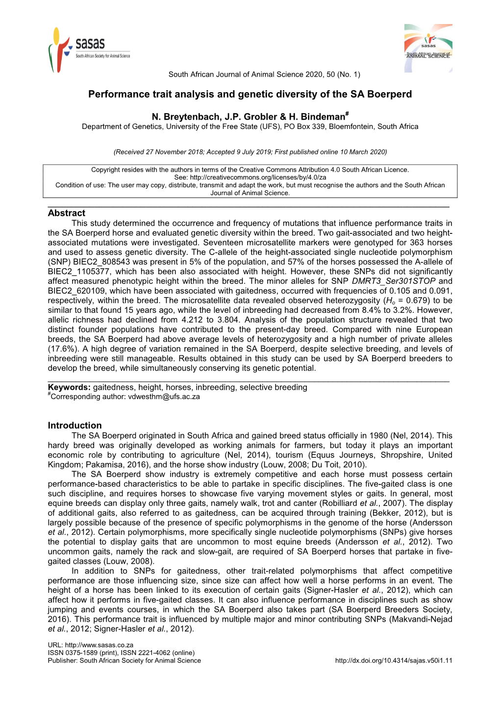 Performance Trait Analysis and Genetic Diversity of the SA Boerperd