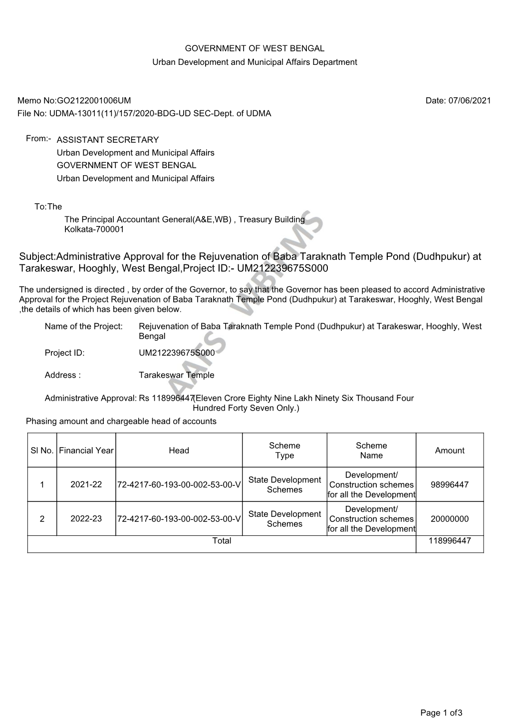 Subject:Administrative Approval for the Rejuvenation of Baba Taraknath Temple Pond (Dudhpukur) at Tarakeswar, Hooghly, West Bengal,Project ID:- UM212239675S000