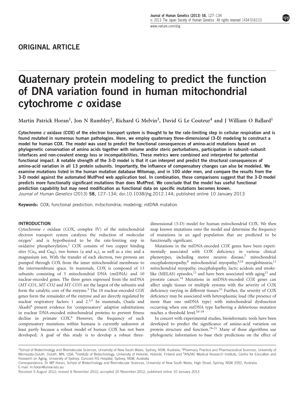 Quaternary Protein Modeling to Predict the Function of DNA Variation Found in Human Mitochondrial Cytochrome C Oxidase