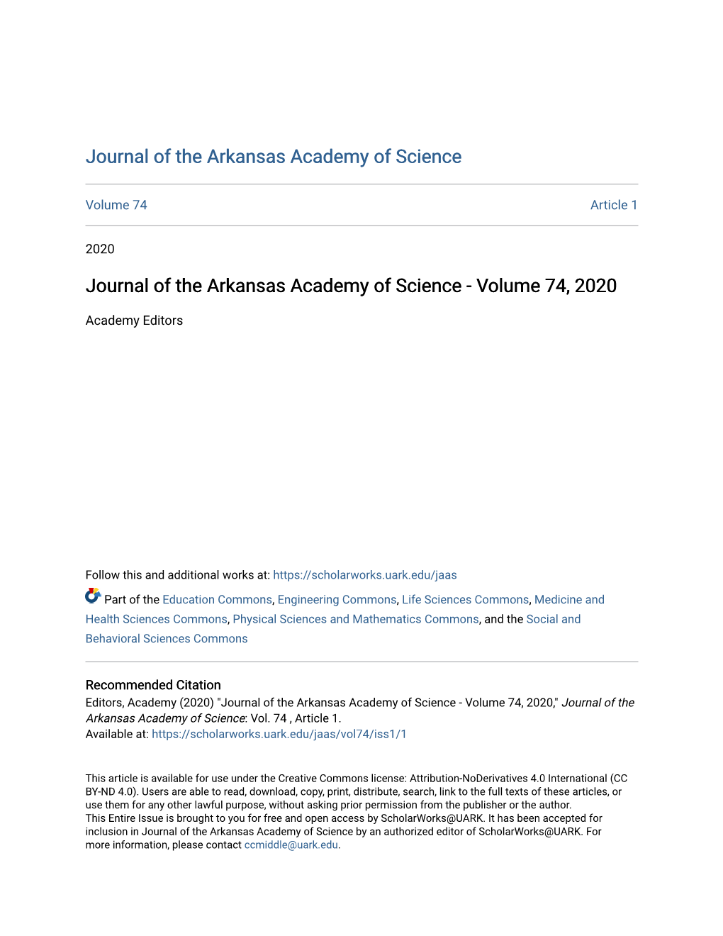 Journal of the Arkansas Academy of Science