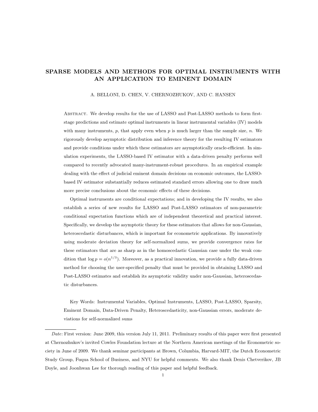 Sparse Models and Methods for Optimal Instruments with an Application to Eminent Domain