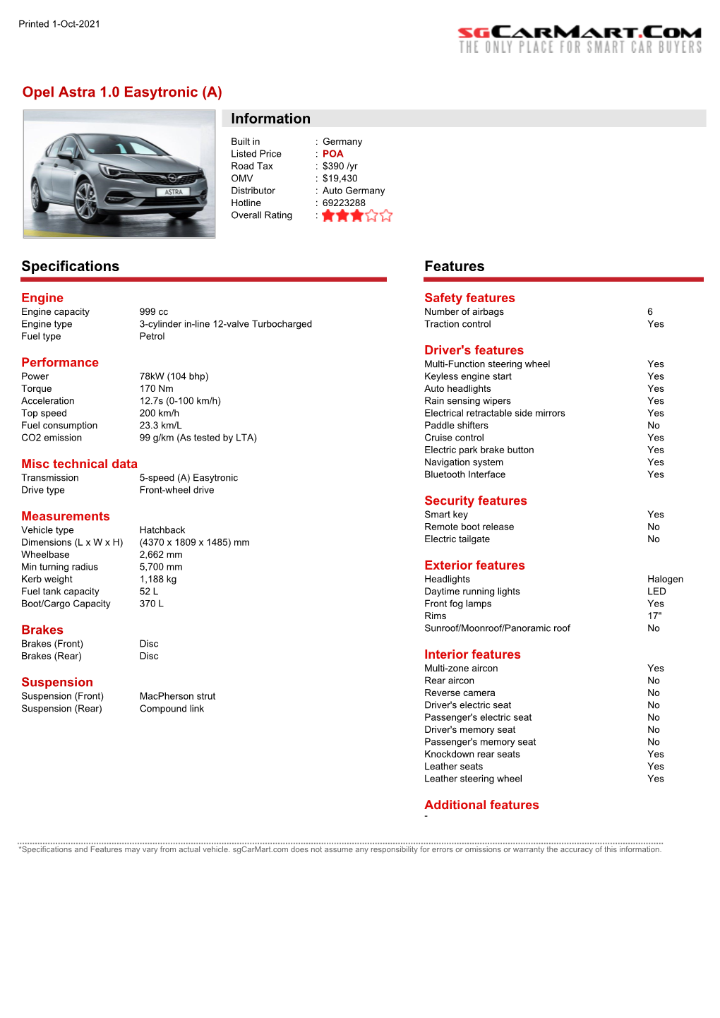 Opel Astra 1.0 Easytronic (A) Information Specifications Features