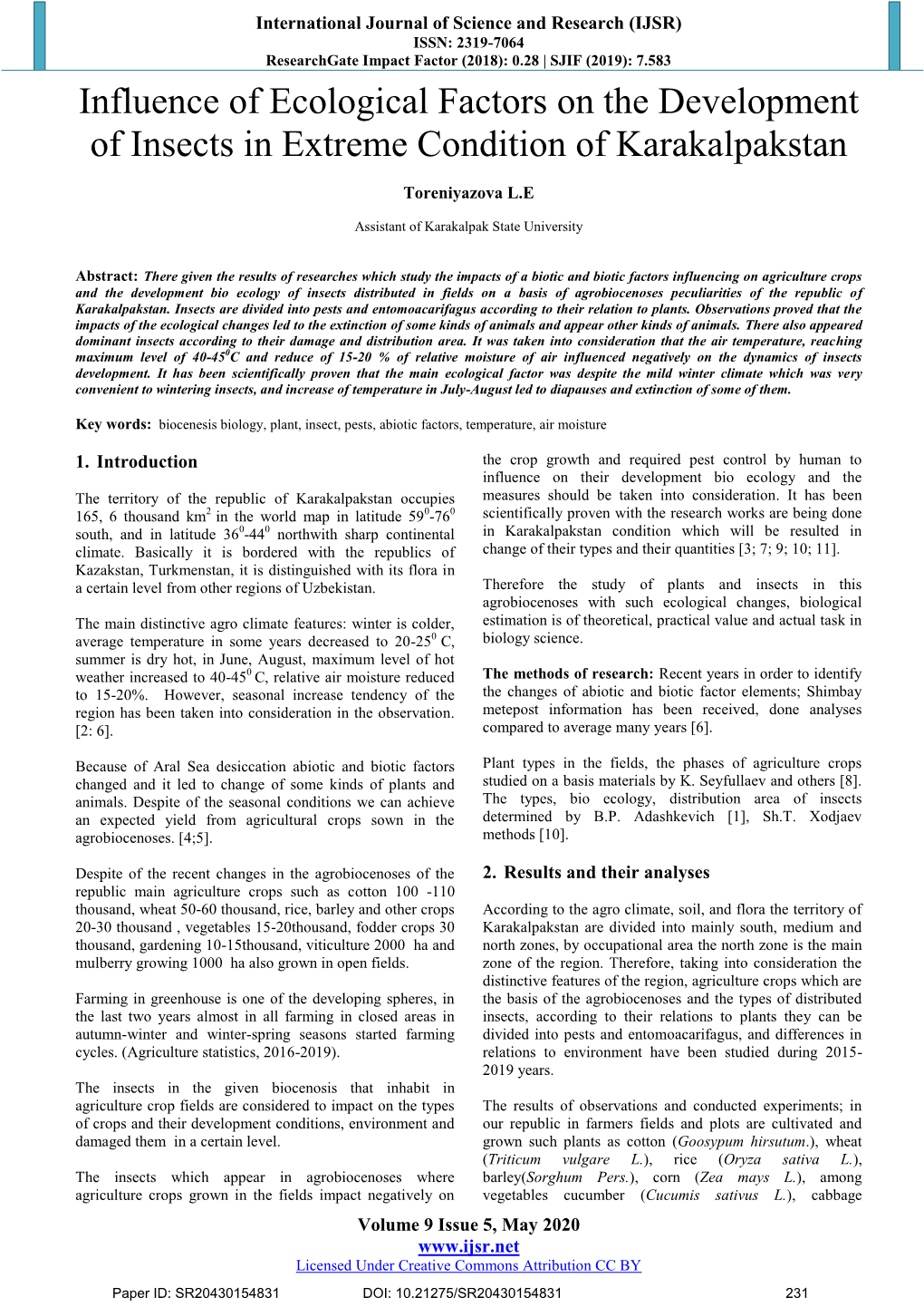 Influence of Ecological Factors on the Development of Insects in Extreme Condition of Karakalpakstan