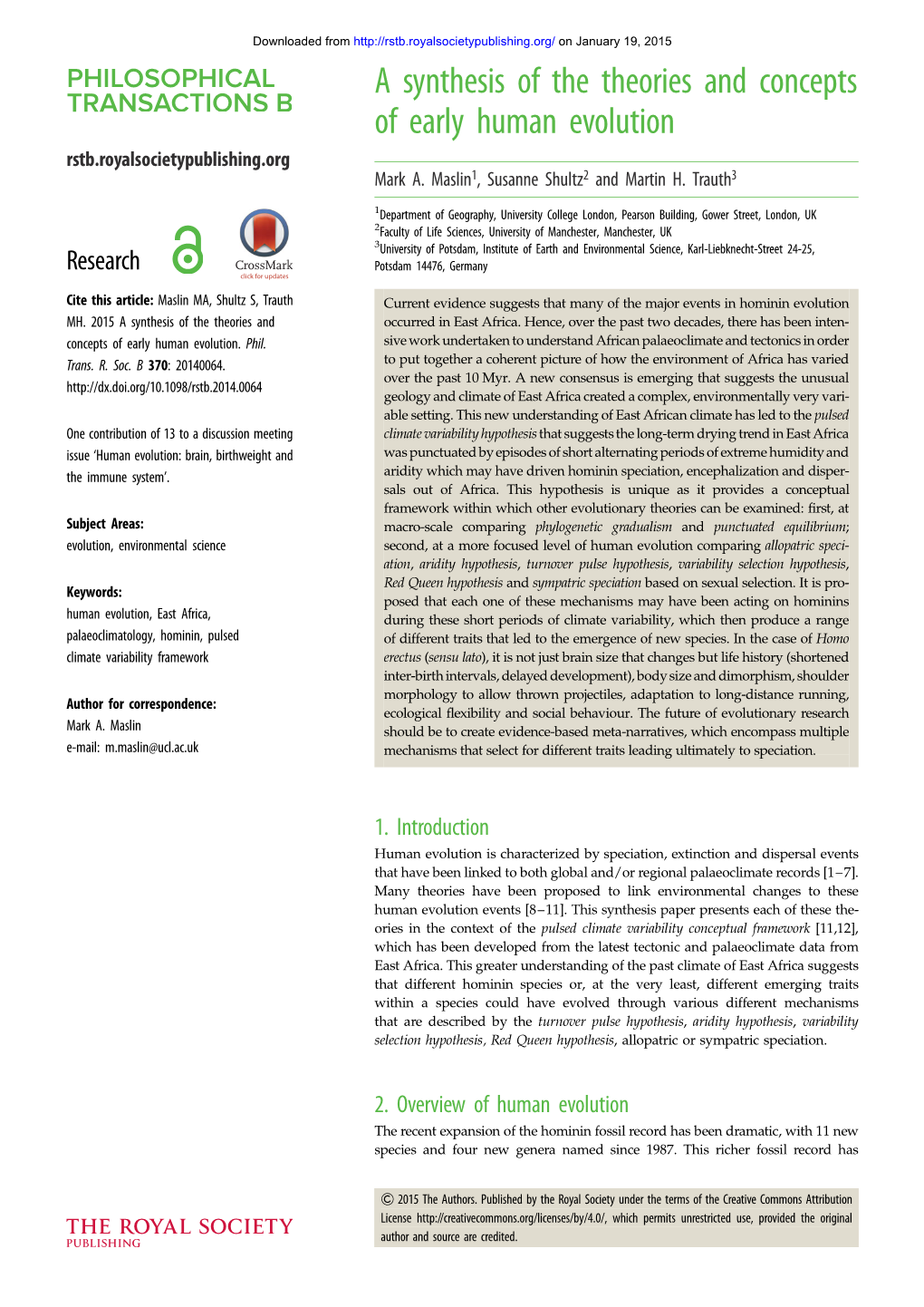 A Synthesis of the Theories and Concepts of Early Human Evolution Rstb.Royalsocietypublishing.Org Mark A