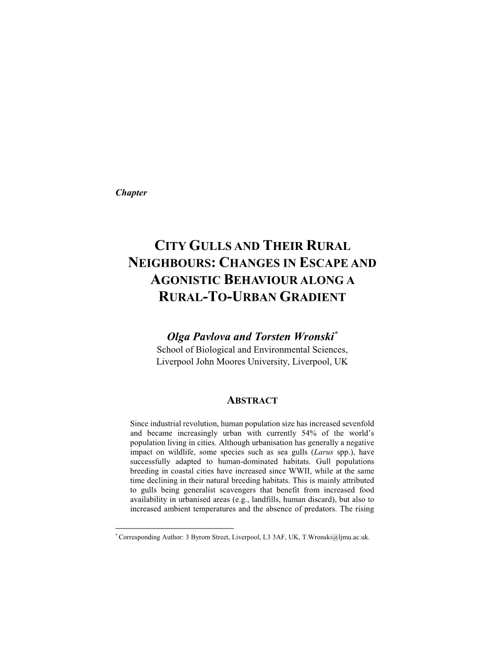 City Gulls and Their Rural Neighbours: Changes in Escape and Agonistic Behaviour Along a Rural-To-Urban Gradient