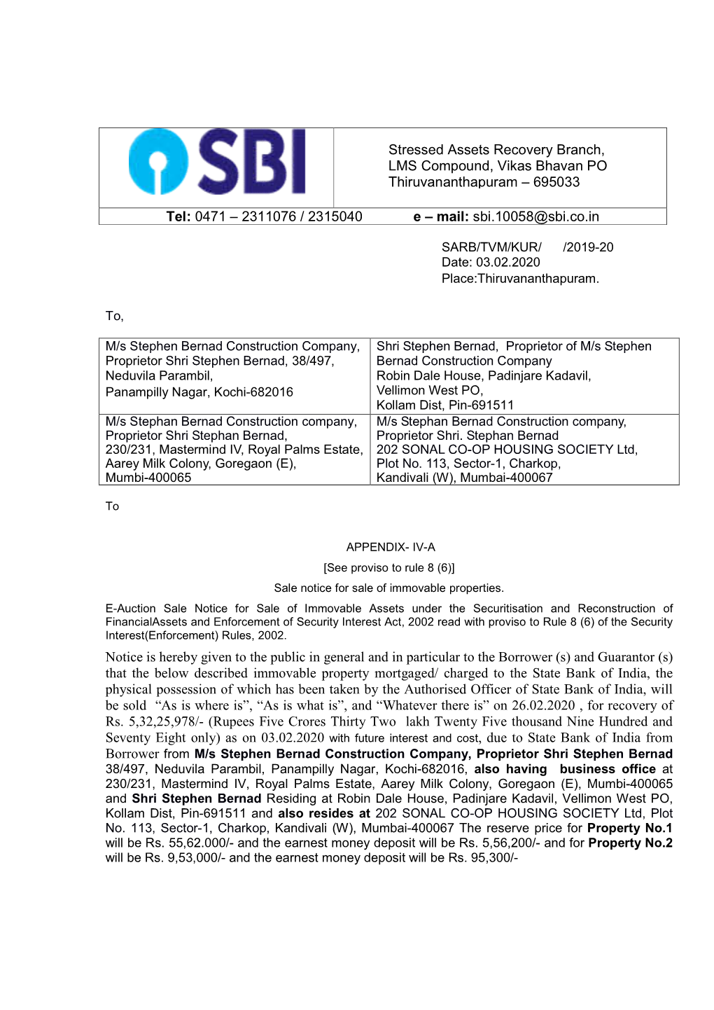 Sbi.10058@Sbi.Co.In Notice Is Hereby Given to the Public in General and in Parti