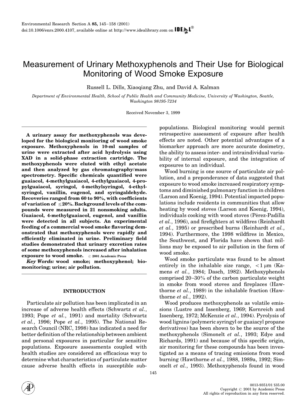 Measurement of Urinary Methoxyphenols and Their Use for Biological Monitoring of Wood Smoke Exposure