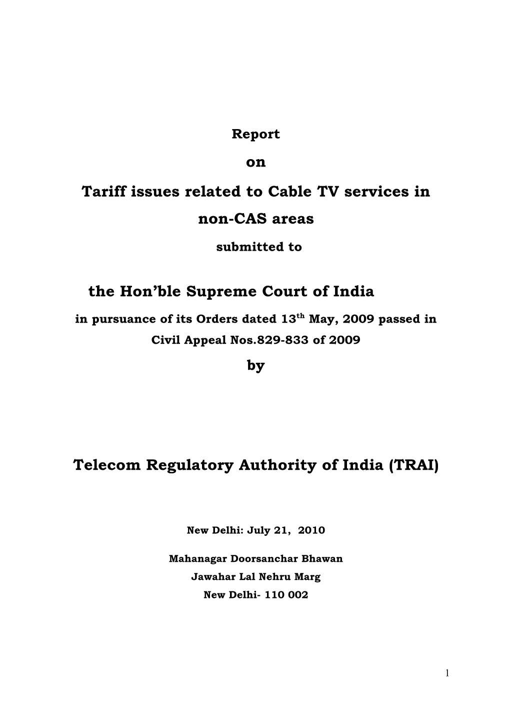 On Tariff Issues Related to Cable TV Services in Non-CAS Areas