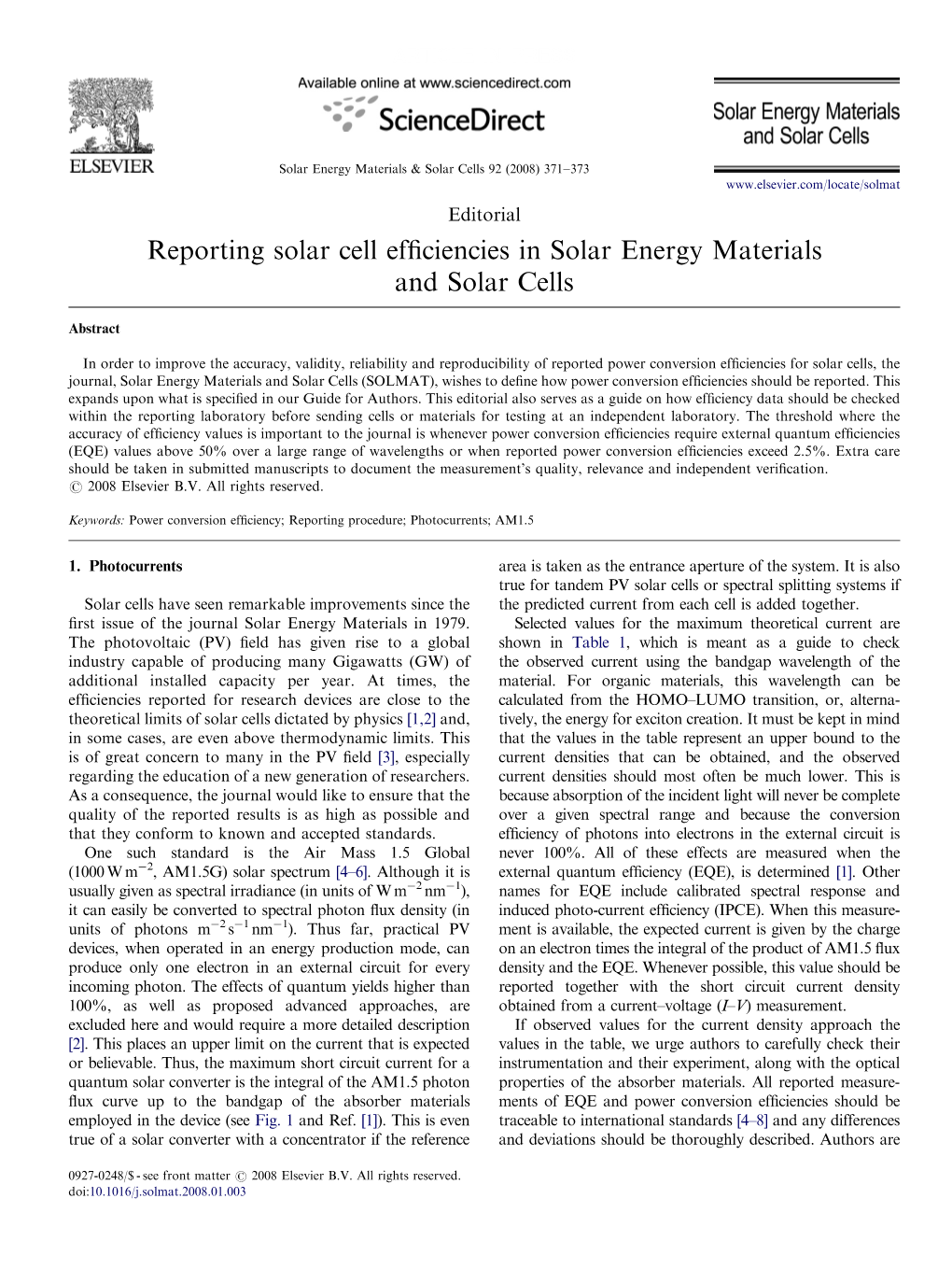 Reporting Solar Cell Efficiencies in Solar Energy Materials and Solar