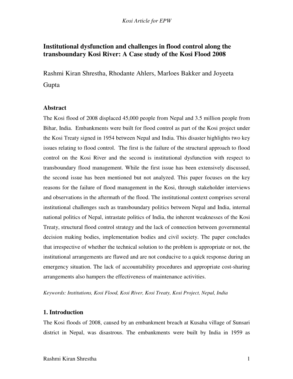 Institutional Dysfunction and Challenges in Flood Control Along the Transboundary Kosi River: a Case Study of the Kosi Flood 2008