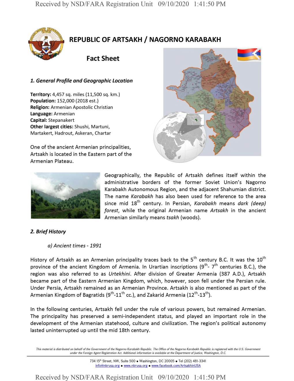 REPUBLIC of ARTSAKH / NAGORNO KARABAKH Fact Sheet