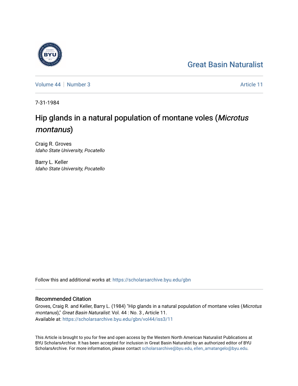 Hip Glands in a Natural Population of Montane Voles (Microtus Montanus)