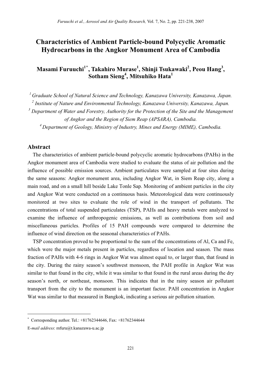 Characteristics of Ambient Particle-Bound Polycyclic Aromatic Hydrocarbons in the Angkor Monument Area of Cambodia