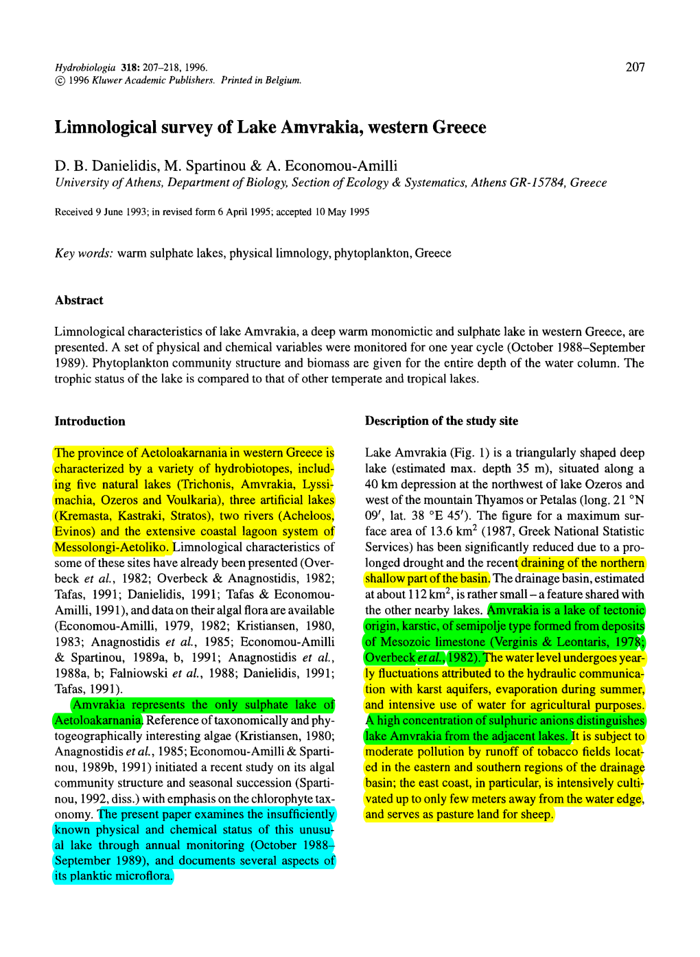 Limnological Survey of Lake Amvrakia, Western Greece