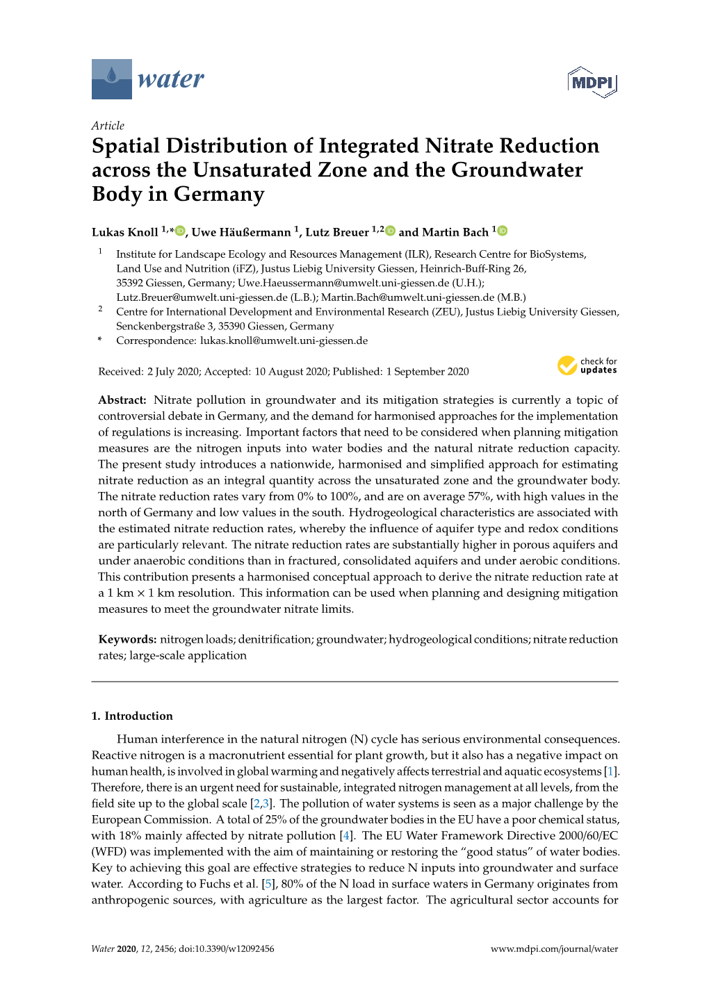 Spatial Distribution of Integrated Nitrate Reduction Across the Unsaturated Zone and the Groundwater Body in Germany