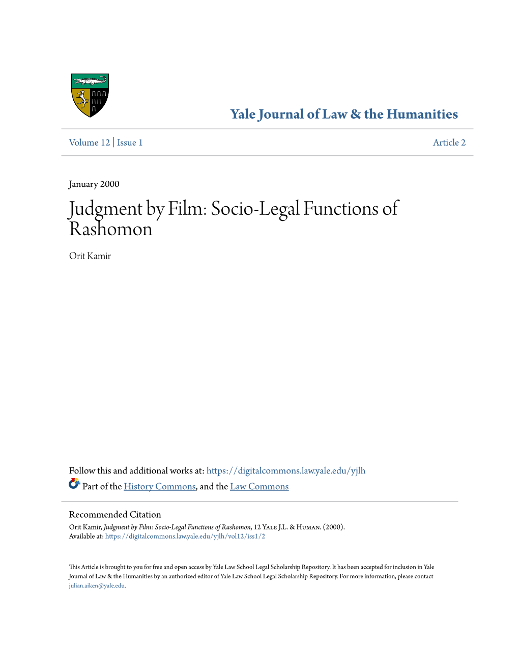 Judgment by Film: Socio-Legal Functions of Rashomon Orit Kamir