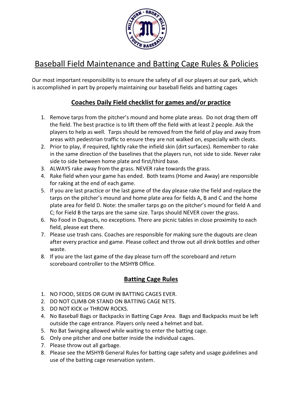 Baseball Field Maintenance and Batting Cage Rules & Policies