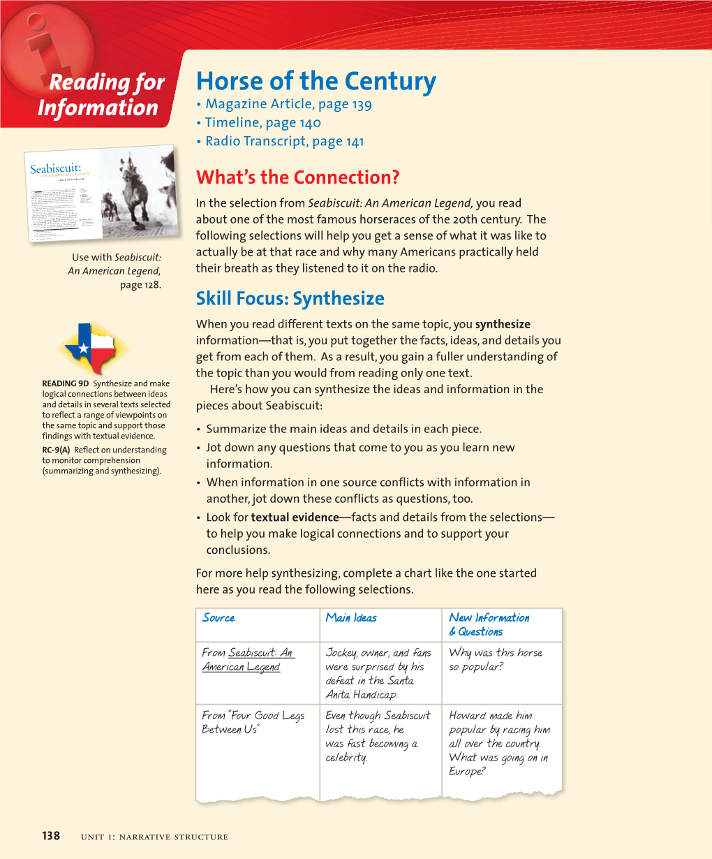 Horse of the Century Information • Magazine Article, Page 139 • Timeline, Page 140 • Radio Transcript, Page 141